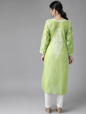 ada hand-embroidered green chikankari kurta - 17754087 - Standard Image - 3