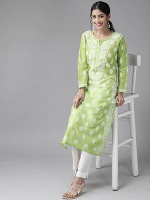 ada hand-embroidered green chikankari kurta - 17754087 - Standard Image - 4