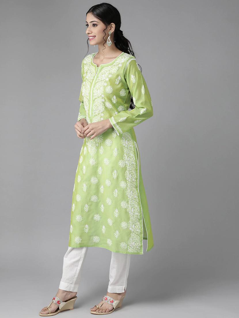 ada hand-embroidered green chikankari kurta - 17754087 - Zoom Image - 2
