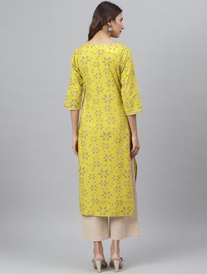 yellow printed straight kurta - 17755165 - Standard Image - 3
