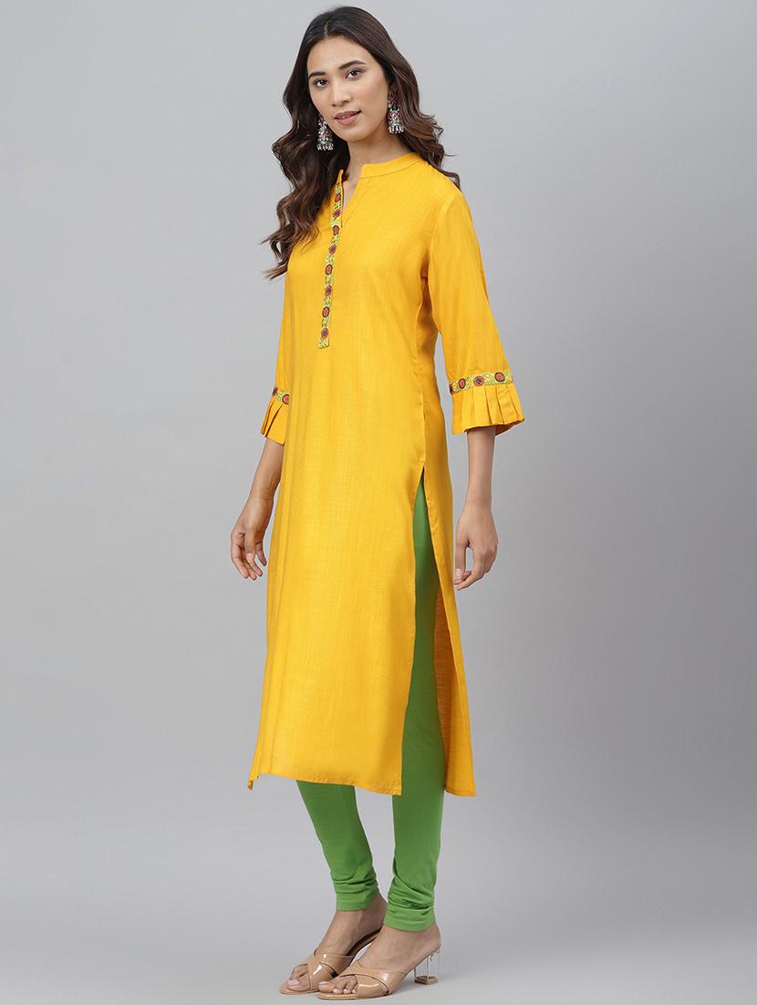 yellow solid straight kurta - 17755172 - Zoom Image - 2