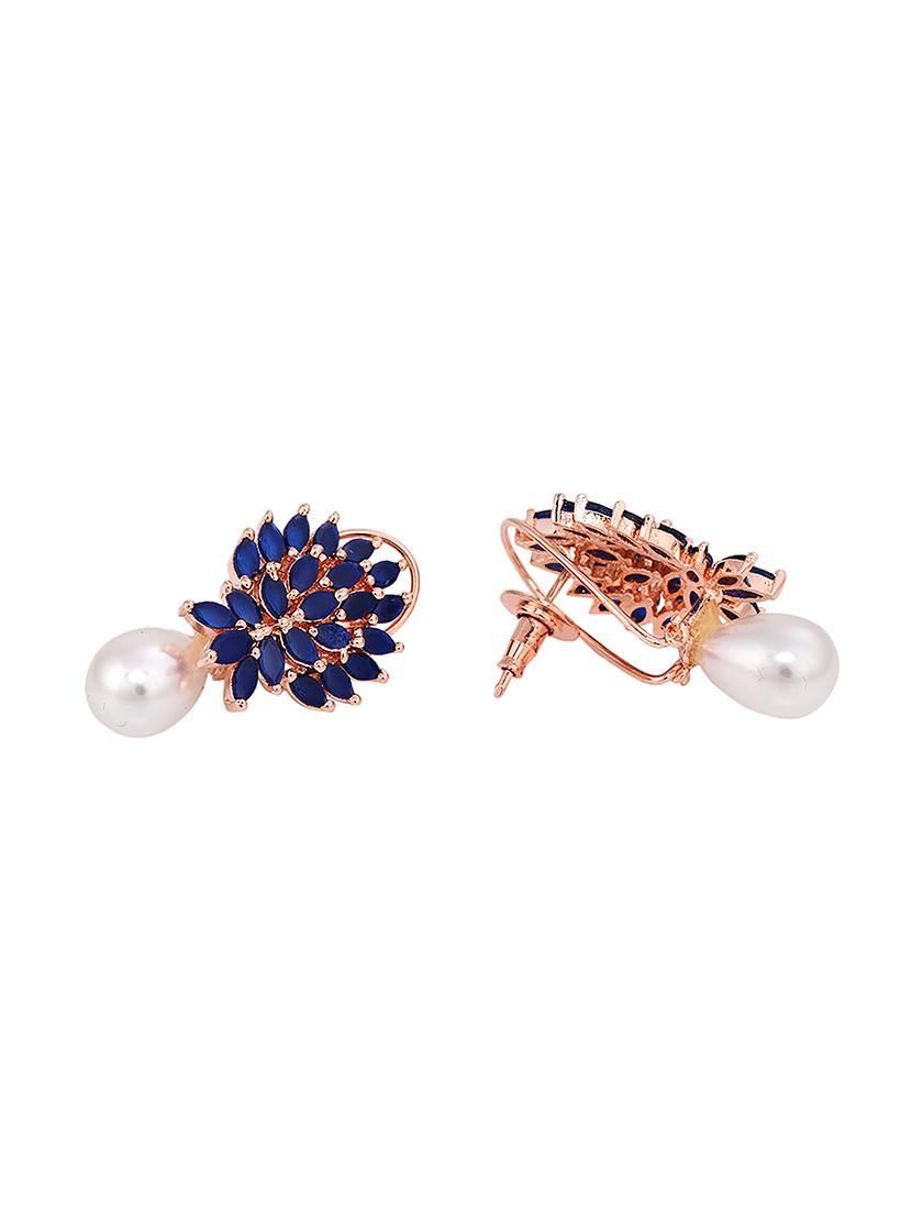 rose gold plated luxurious blue ad studded pearl drop earring - 17759880 - Zoom Image - 3