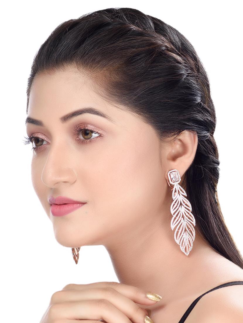 rose gold plated leaf design ad studded earrings - 17759885 - Zoom Image - 4