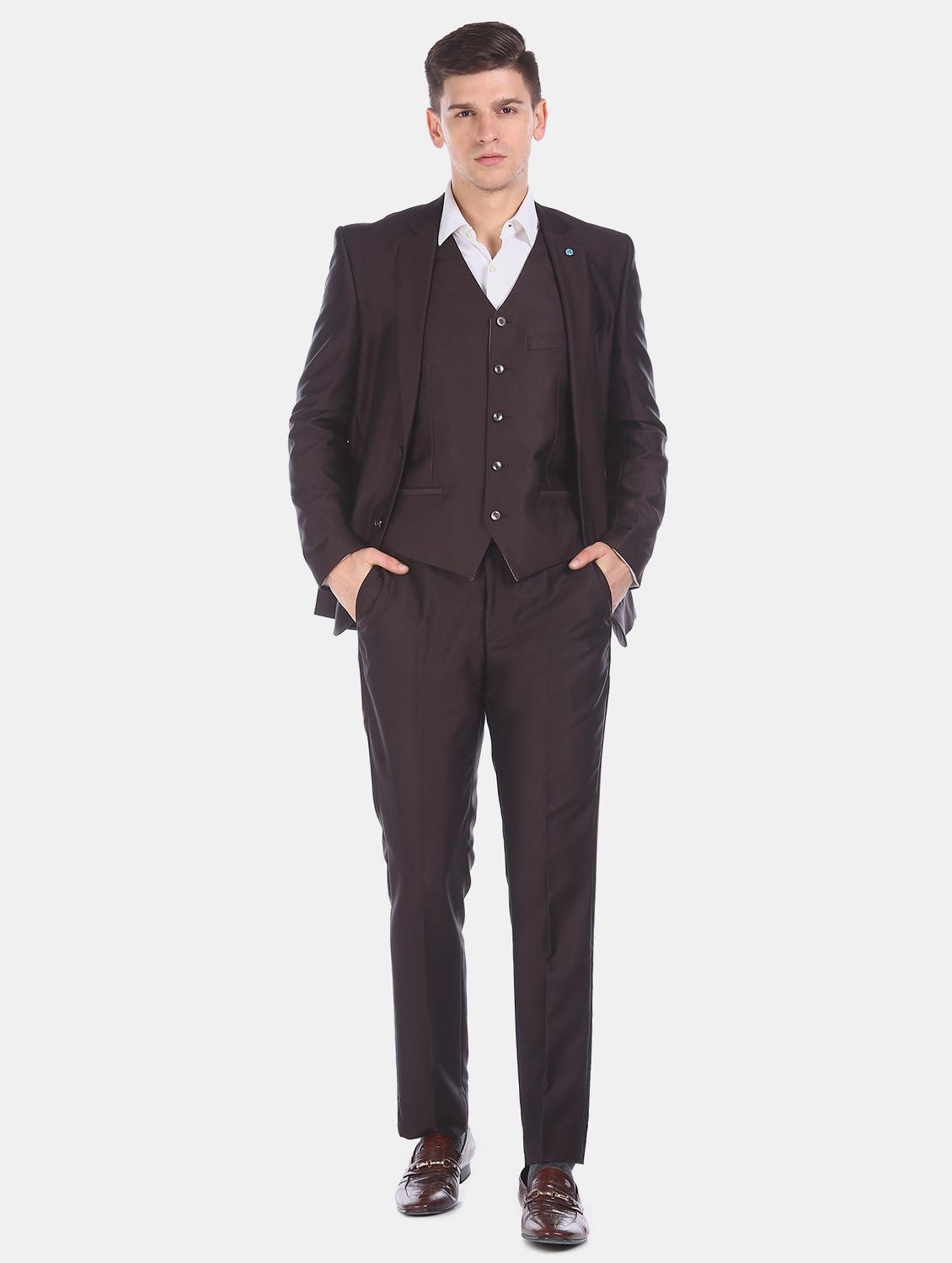 brown solid 3 piece suit - 17760776 - Zoom Image - 1