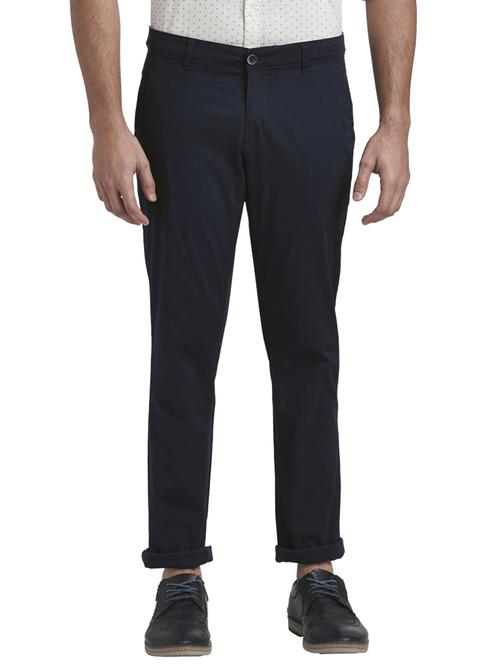 blue solid flat front casual trouser - 17766368 - Standard Image - 1