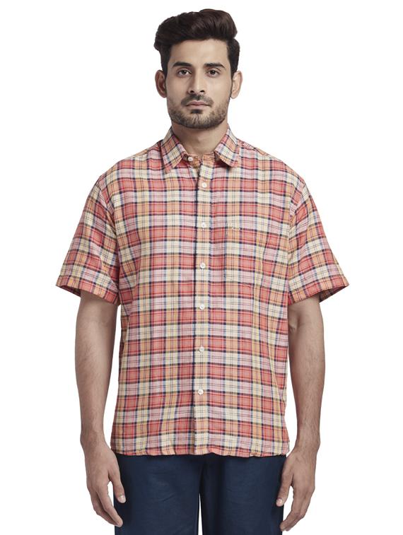 orange checkered linen casual shirt - 17766673 - Zoom Image - 1