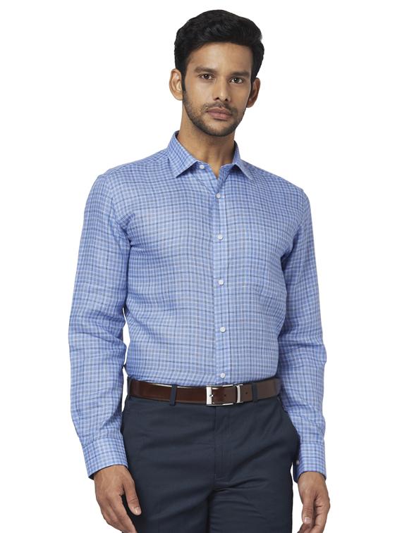 blue checkered linen formal shirt - 17767071 - Zoom Image - 1