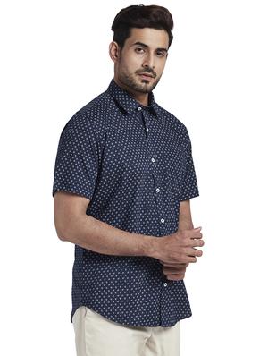 navy blue printed linen casual shirt - 17767196 - Standard Image - 2