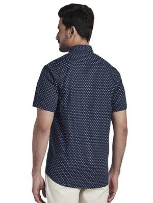 navy blue printed linen casual shirt - 17767196 - Standard Image - 3