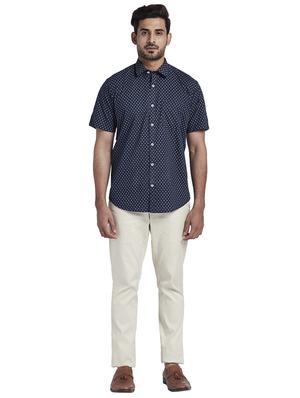 navy blue printed linen casual shirt - 17767196 - Standard Image - 4