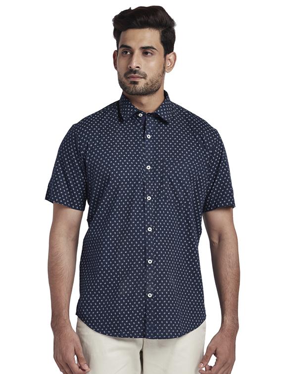 navy blue printed linen casual shirt - 17767196 - Zoom Image - 1