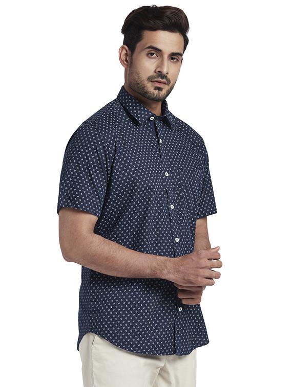 navy blue printed linen casual shirt - 17767196 - Zoom Image - 2