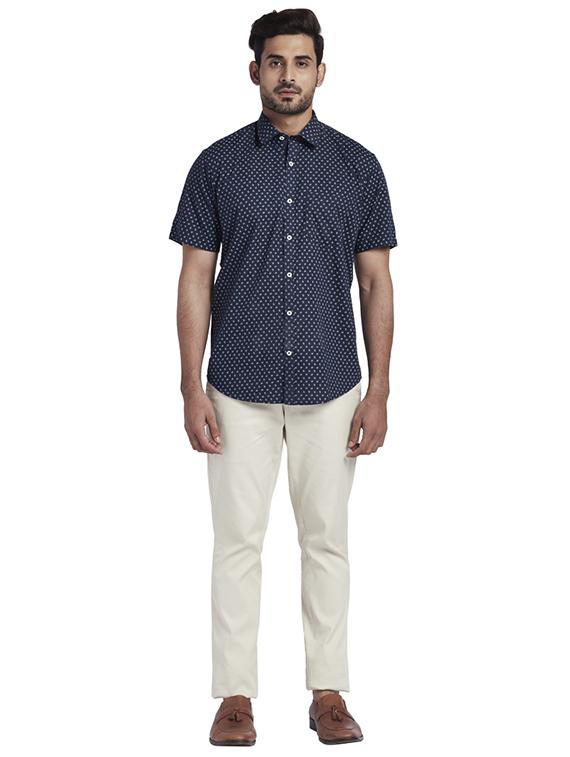 navy blue printed linen casual shirt - 17767196 - Zoom Image - 4