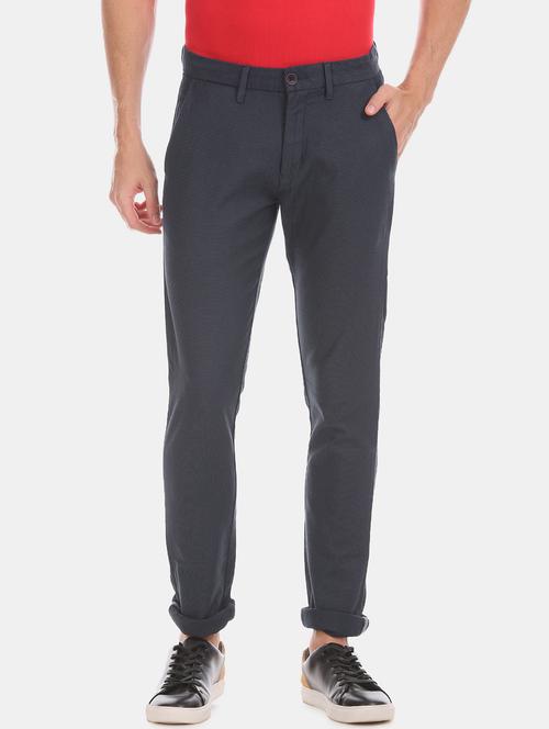 navy blue textured flat front casual trouser - 17771902 - Standard Image - 1