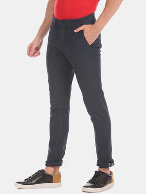 navy blue textured flat front casual trouser - 17771902 - Standard Image - 2