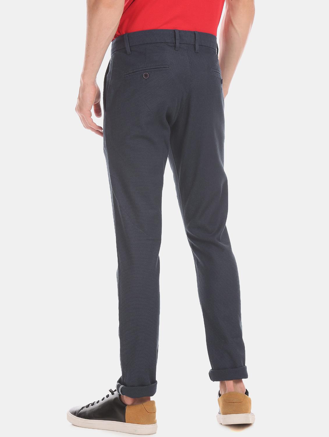 navy blue textured flat front casual trouser - 17771902 - Zoom Image - 3
