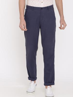 dark blue solid flat front casual trouser - 17771929 - Standard Image - 2