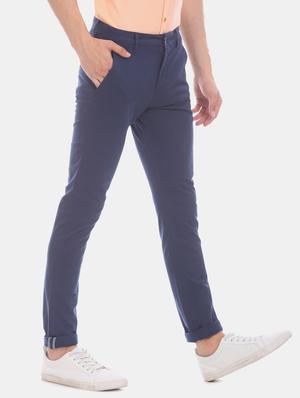 blue solid flat front casual trouser - 17771940 - Standard Image - 3