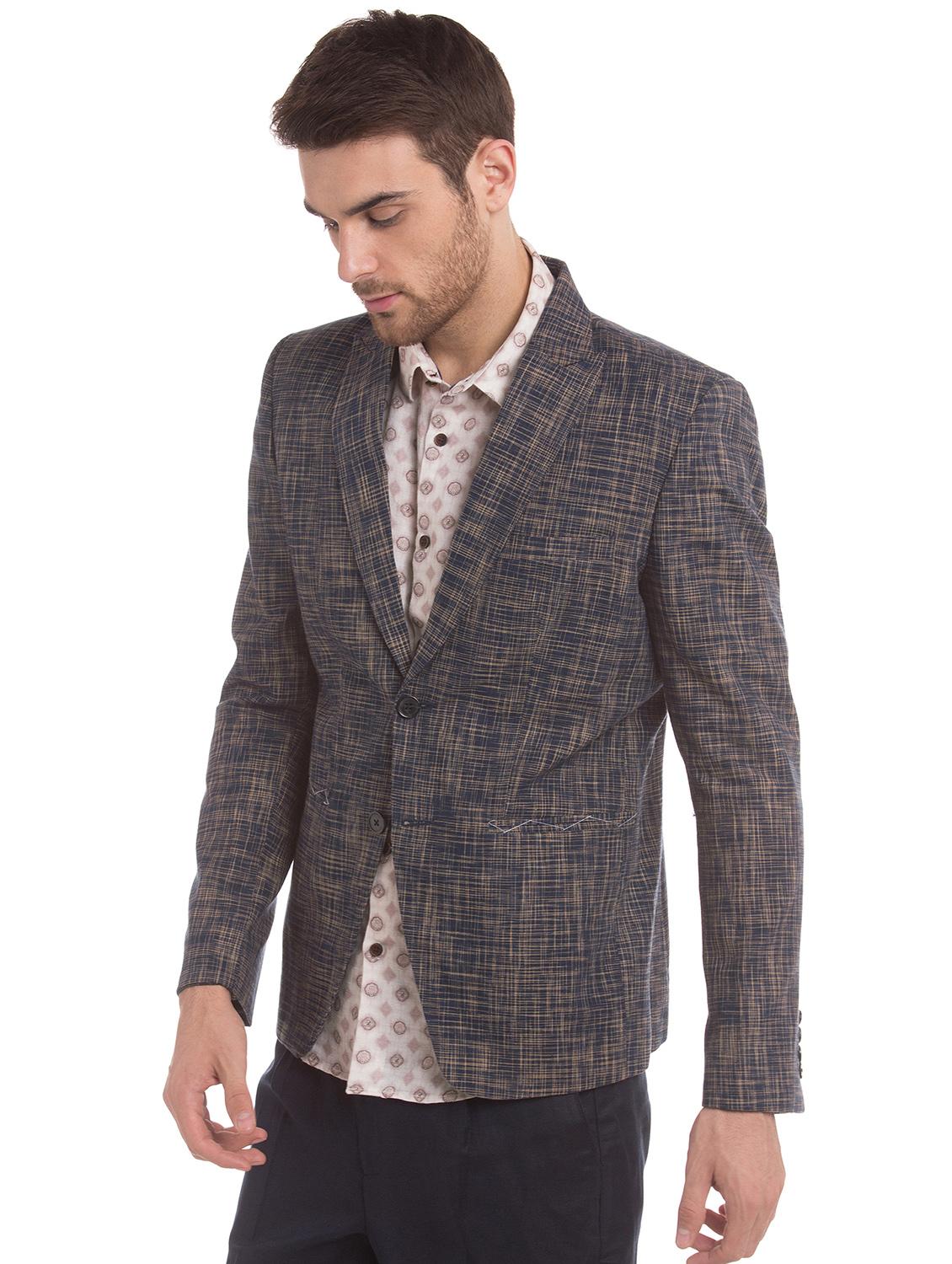 navy blue self design single breasted casual blazer - 17771958 - Zoom Image - 2