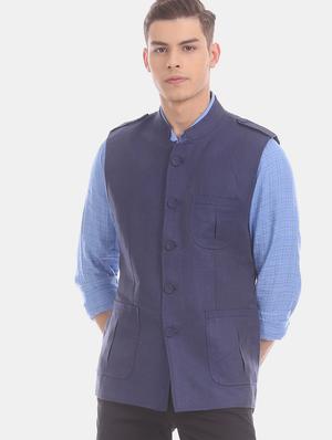 dark blue linen solid nehru jacket - 17772013 - Standard Image - 2