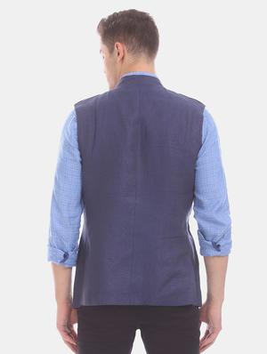 dark blue linen solid nehru jacket - 17772013 - Standard Image - 4