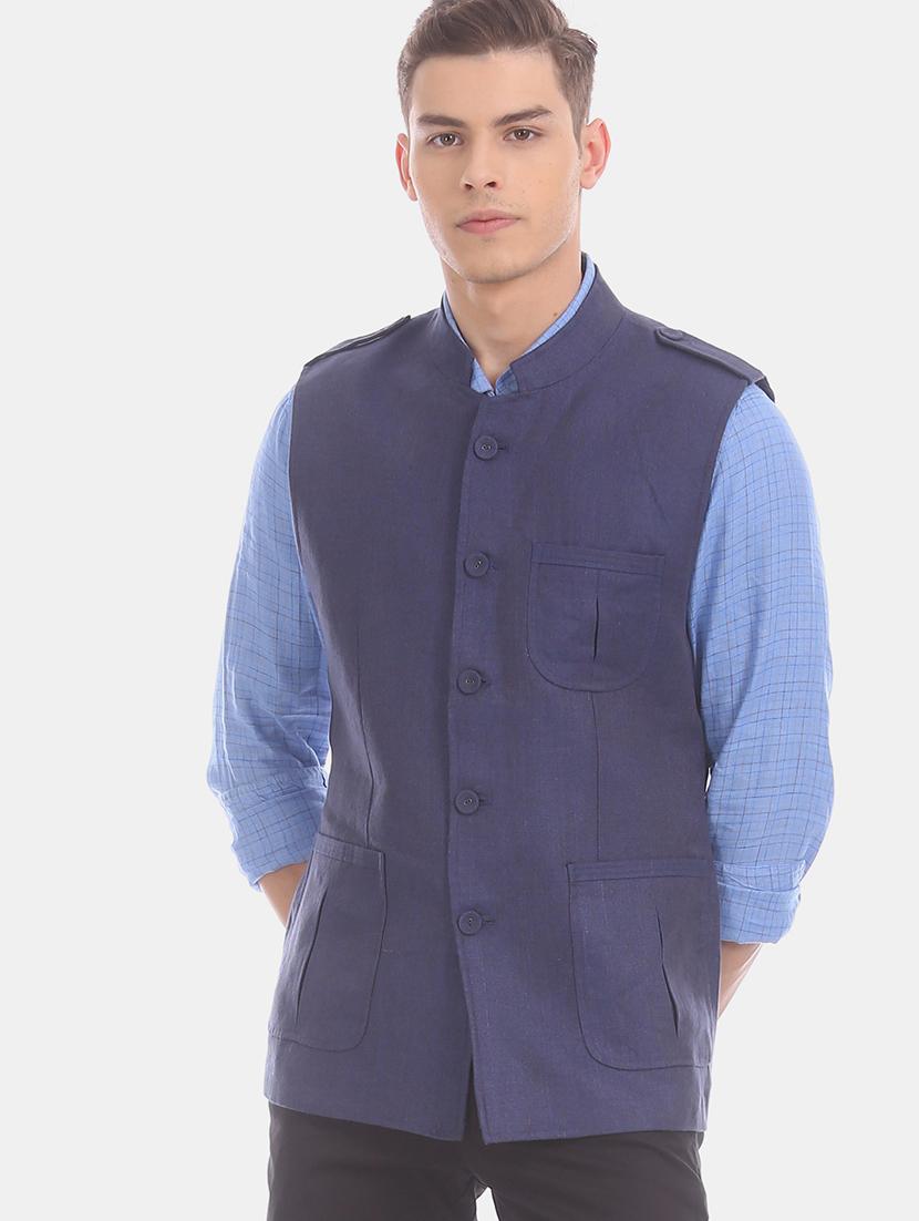 dark blue linen solid nehru jacket - 17772013 - Zoom Image - 2