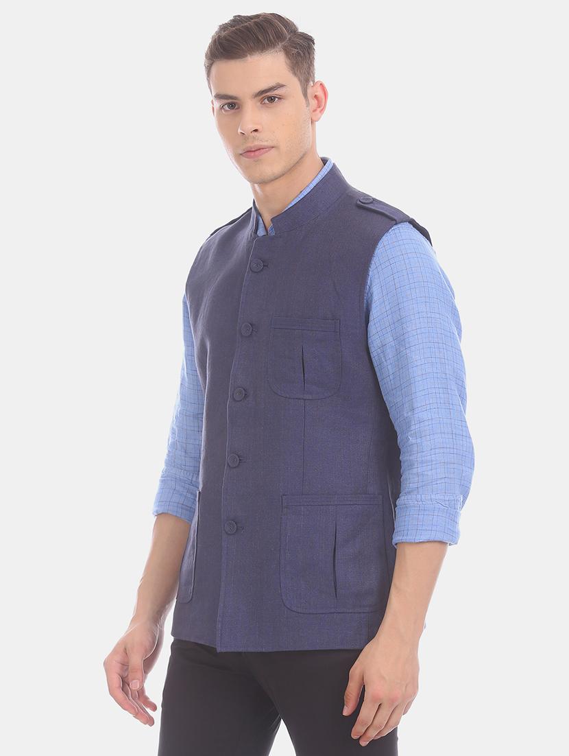 dark blue linen solid nehru jacket - 17772013 - Zoom Image - 3