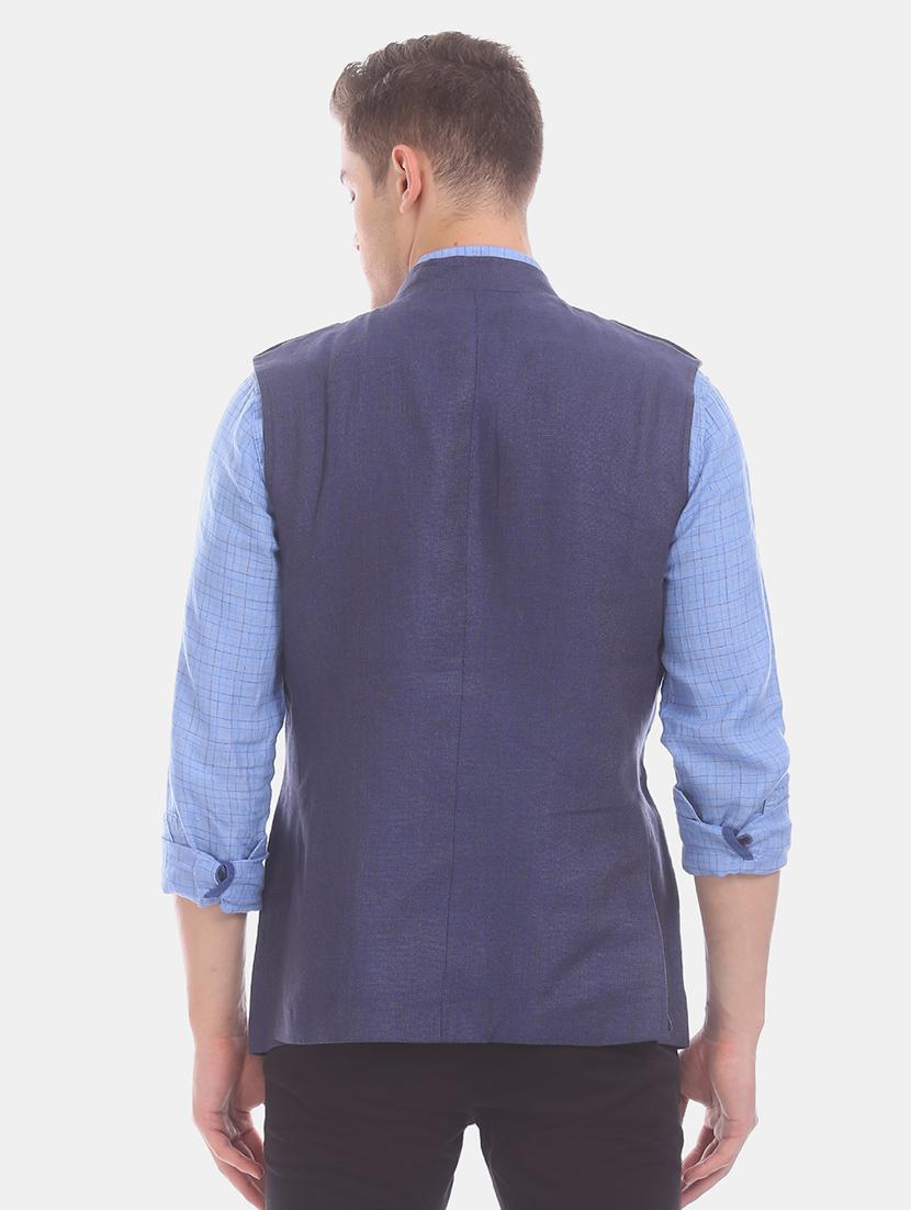 dark blue linen solid nehru jacket - 17772013 - Zoom Image - 4
