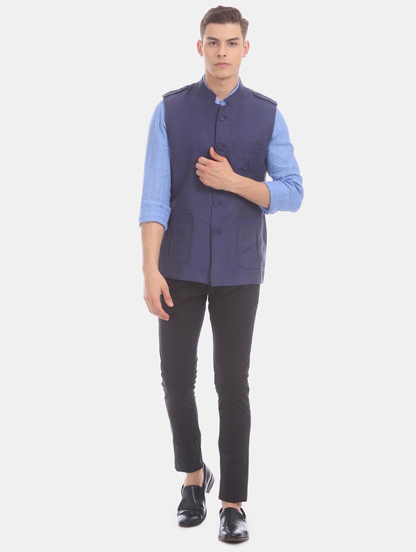 dark blue linen solid nehru jacket - 17772013 - Zoom Image - 5