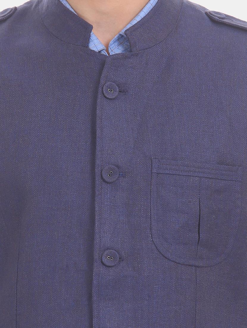 dark blue linen solid nehru jacket - 17772013 - Zoom Image - 6
