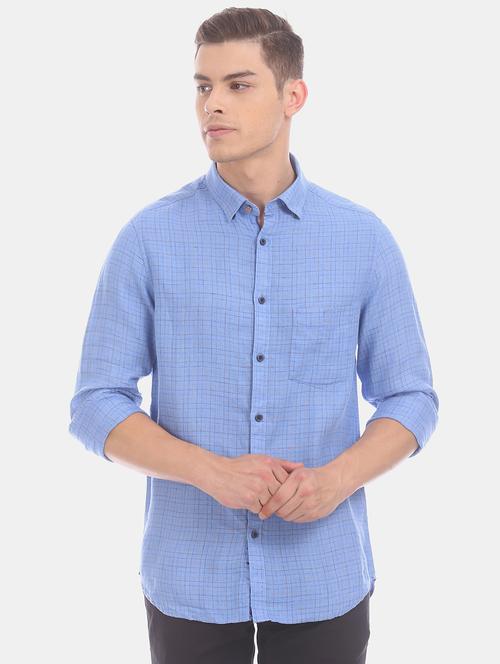 blue checkered linen casual shirt - 17772241 - Standard Image - 1