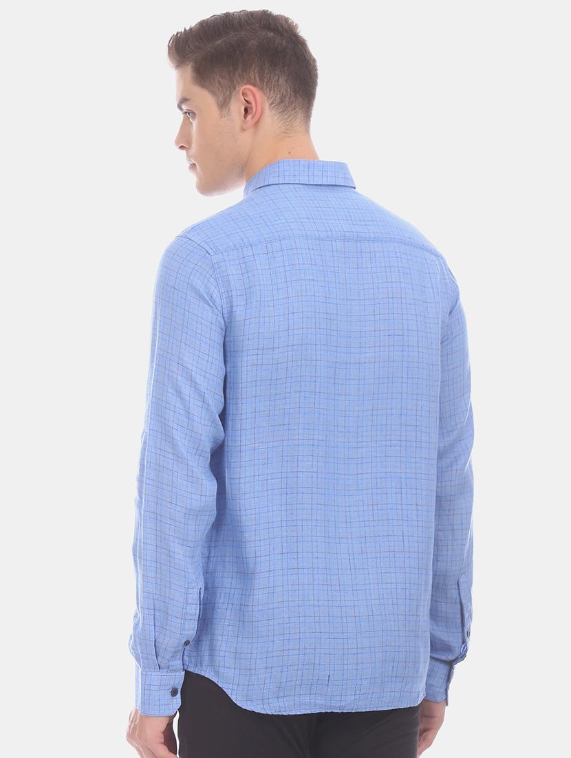 blue checkered linen casual shirt - 17772241 - Zoom Image - 3