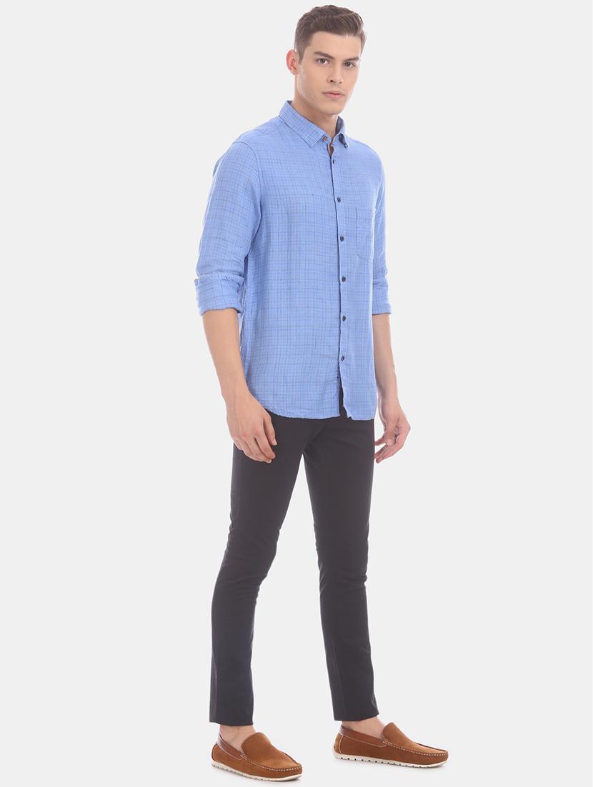 blue checkered linen casual shirt - 17772241 - Zoom Image - 4