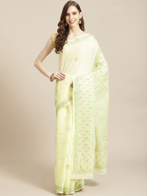 ada hand-embroidered lemon chikankari saree with blouse - 17772684 - Standard Image - 1