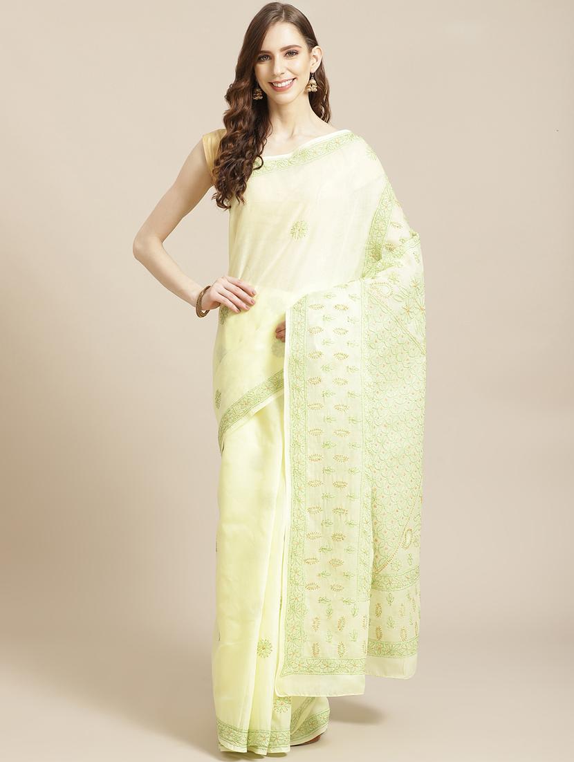 ada hand-embroidered lemon chikankari saree with blouse - 17772684 - Zoom Image - 1