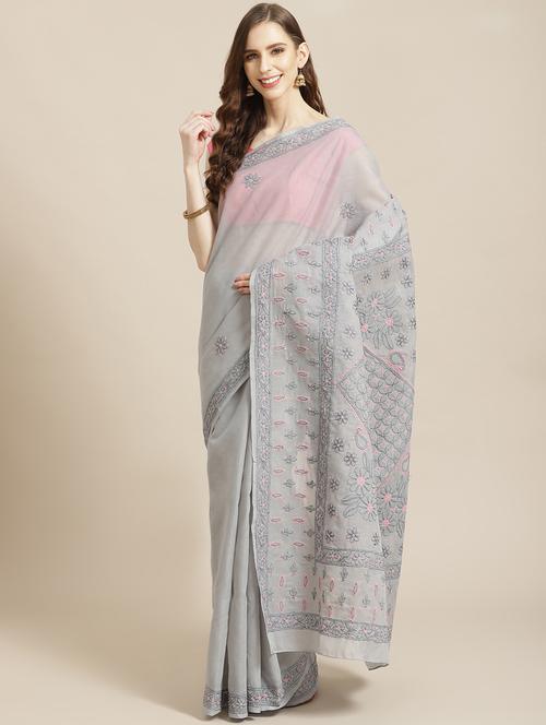 ada hand-embroidered grey chikankari saree with blouse - 17772689 - Standard Image - 1
