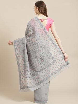 ada hand-embroidered grey chikankari saree with blouse - 17772689 - Standard Image - 2