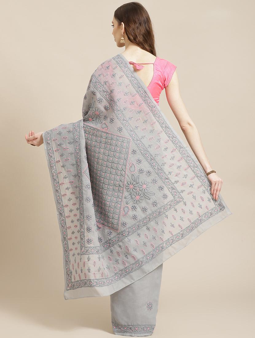 ada hand-embroidered grey chikankari saree with blouse - 17772689 - Zoom Image - 2