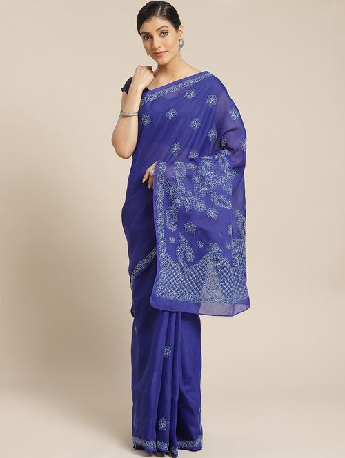 ada hand-embroidered blue chikankari saree with blouse - 17774163 - Standard Image - 1