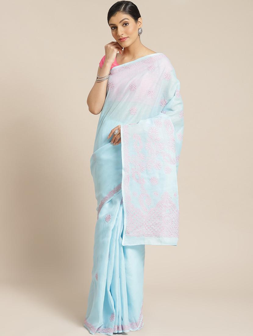 ada hand-embroidered light blue chikankari saree with blouse - 17774164 - Zoom Image - 1