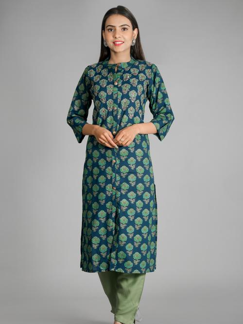 beautiful jaipuri rayon peacock green kurta - 17775666 - Standard Image - 1