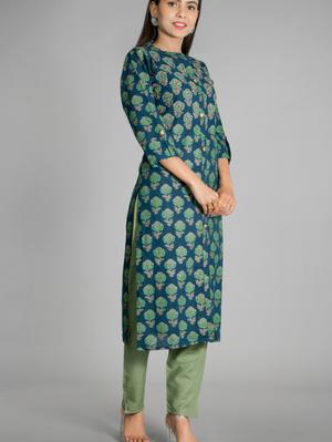 beautiful jaipuri rayon peacock green kurta - 17775666 - Standard Image - 3
