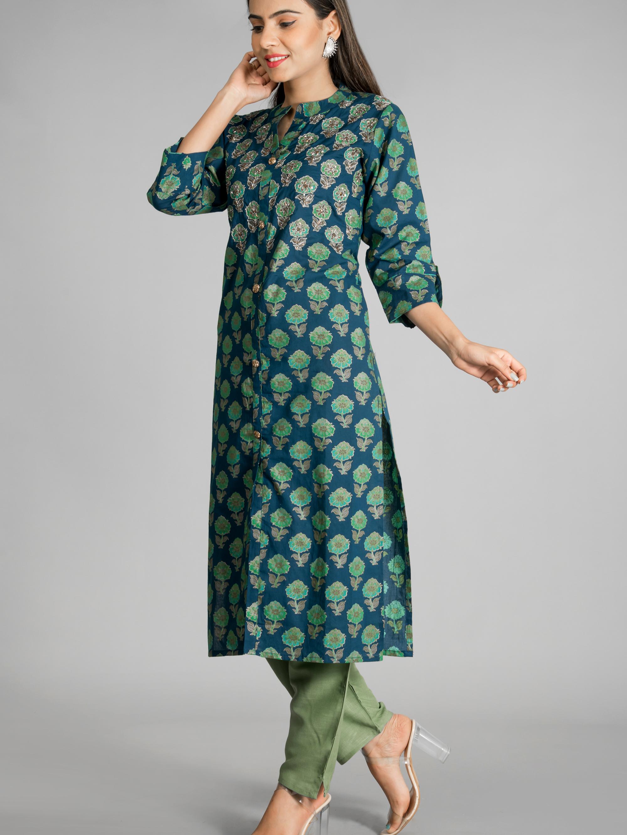 beautiful jaipuri rayon peacock green kurta - 17775666 - Zoom Image - 2