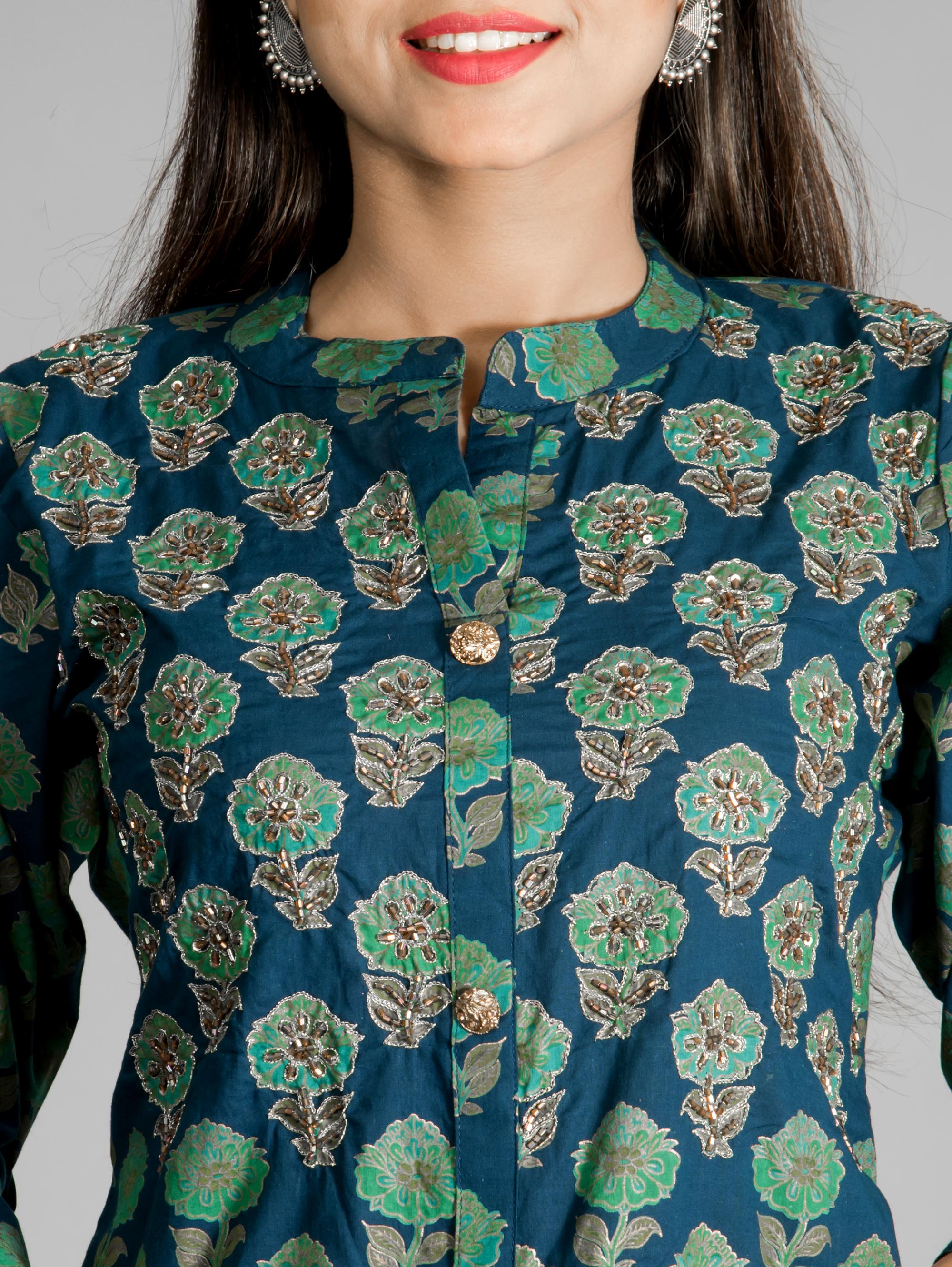 beautiful jaipuri rayon peacock green kurta - 17775666 - Zoom Image - 4