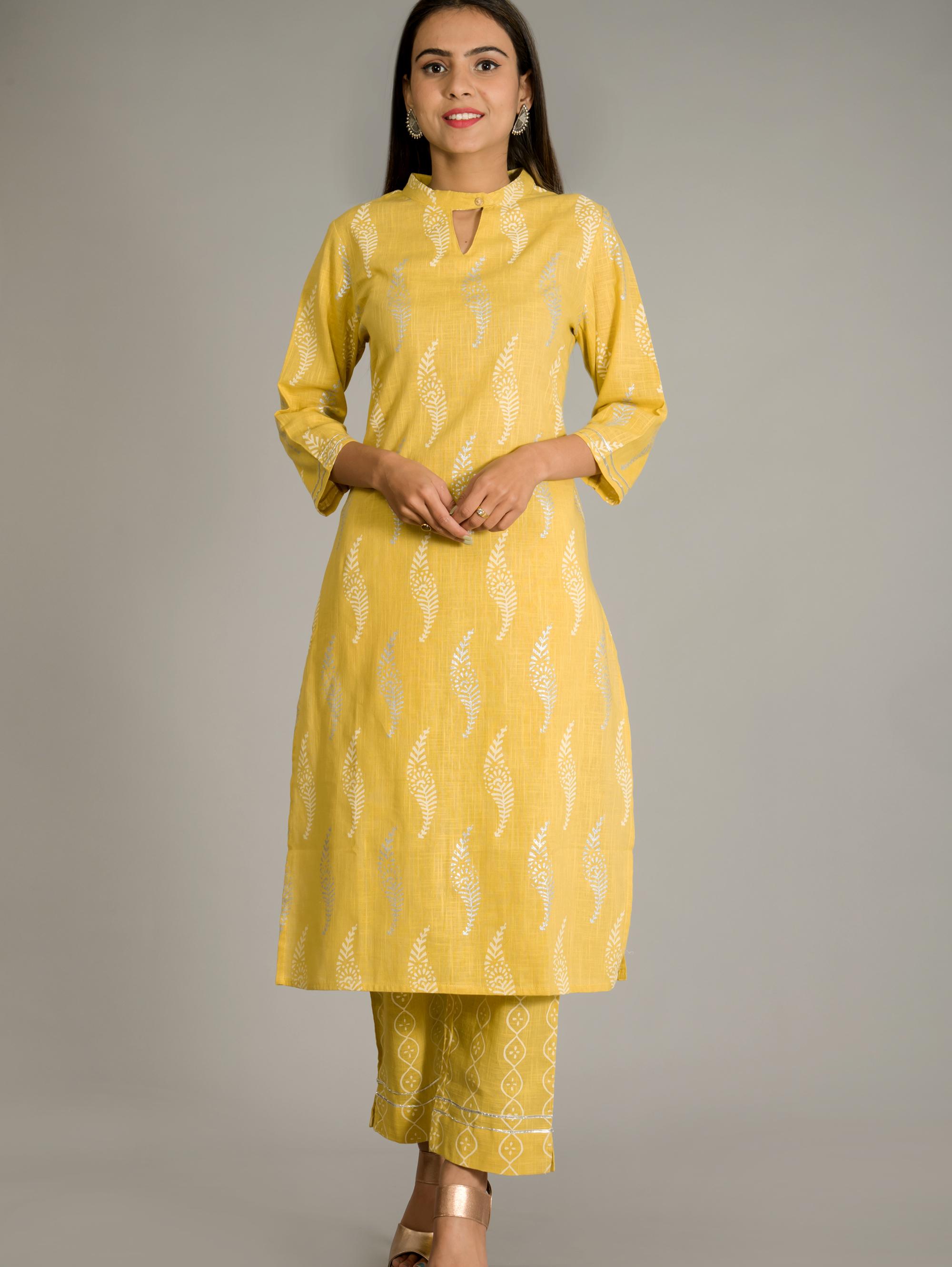 yellow jaipuri rayon silver print kurta - 17775674 - Zoom Image - 1