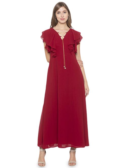 ruffle sleeved solid fit & flare dress - 17776452 - Standard Image - 1