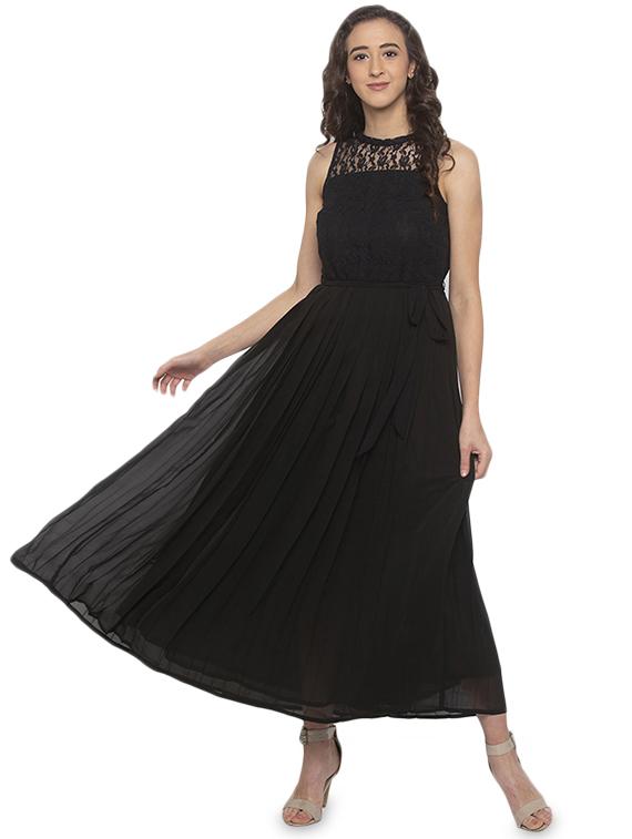 mesh panel solid fit & flare dress - 17776480 - Zoom Image - 1