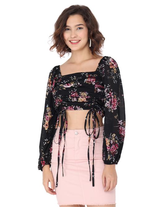 bishop sleeve ruched floral crop top - 17776564 - Standard Image - 1