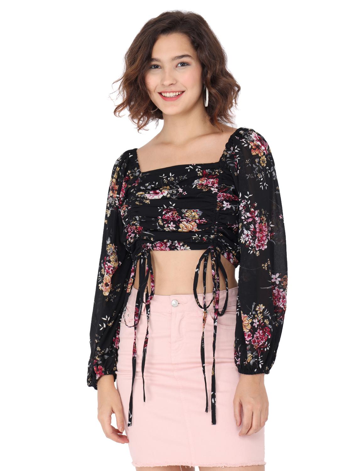 bishop sleeve ruched floral crop top - 17776564 - Zoom Image - 1