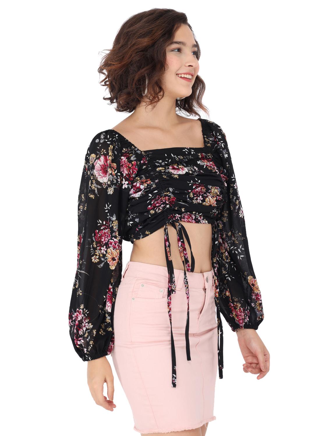 bishop sleeve ruched floral crop top - 17776564 - Zoom Image - 2